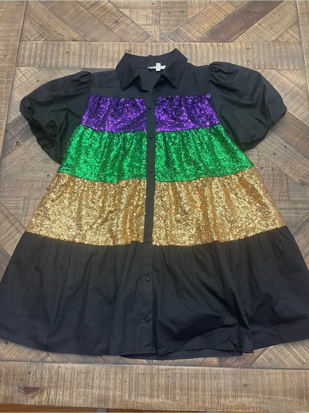 Peach Love California Mardi Gras Sequin Color Block Shirt Mini Dress